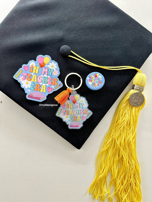 Gift Pack: Teacher Era Sticker, Button, and Keychain (Tassel Color Varies)