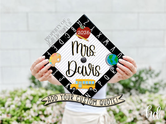Custom "Alphabet Border" Teacher Graduation Cap Topper